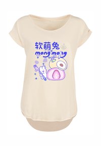 Light beige short-sleeve T-shirt made from soft material, featuring a colorful graphic design with cartoonish food elements and text.