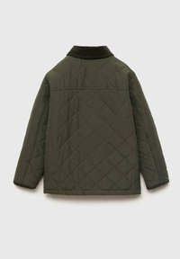 Quilted green jacket with a collar, featuring a diamond pattern, long sleeves, and soft texture. The back is plain without embellishments.