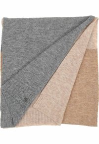 Écharpe grise, beige et marron clair en tissu doux, avec des bords côtelés et une texture lisse présentant des transitions de couleur subtiles.