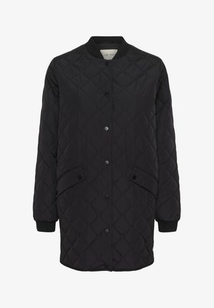 Veste matelassée noire avec un col rond, des boutons-pression, deux poches latérales et des poignets côtelés. Le matériau est lisse et léger.