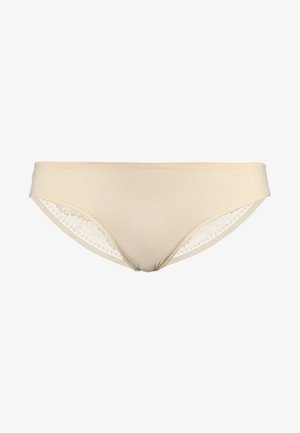 Bēša kokvilnas maisījuma bikini apakšveļa ar gludu priekšu, mežģīņu sānu detaļām un vidēji augstu griezumu, kas izceļas ar vienkāršu un minimālistisku dizainu.