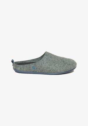 Gray felt slipper with a rounded shape, blue rubber sole, and a small blue accent. Soft texture and slip-on design for easy wear.
