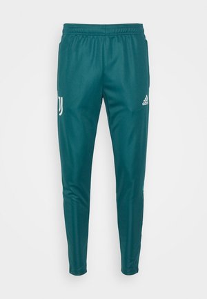 Adidasy zielone na turkusowo spodnie sportowe z elastycznym pasem, z logo Juventusu na lewym udzie i logo Adidas na prawym udzie.