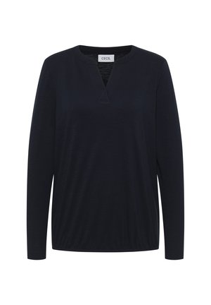 Navyblauwe lange mouwen shirt met een V-hals, gemaakt van een zachte stof. Kenmerken zijn een rechte zoom en een ontspannen pasvorm. Etikett leest "CECIL."