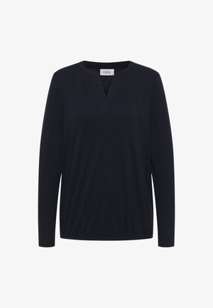 Marineblaue Langarmbluse mit V-Ausschnitt, aus weichem Stoff. Merkmale sind der gerade Saum und der entspannte Schnitt. Auf dem Etikett steht "CECIL."