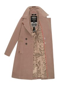Beige uldblandingsfrakke med dobbeltknapper, bred krave, sidelommer og rød syning på det indre for. Glat satinindvendig.