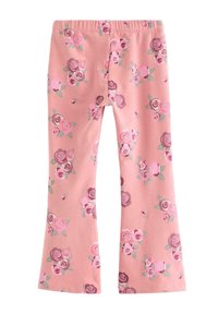 Vaaleanpunaiset leggingsit, joissa on joustava vyötärönauha ja kukkakuvio ruusuista vaaleanpunaisen ja marjapuuron sävyissä, korostettuna vihreillä lehdillä.