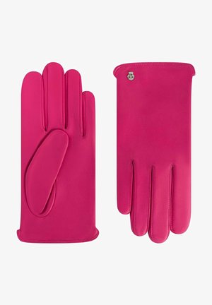 Rosa Lederhandschuhe mit glatter Oberfläche, fünf Fingern und einem handgelenklangen Bündchen, akzentuiert durch ein kleines metallisches Logo-Detail.