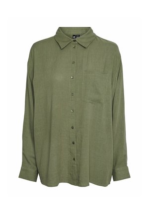 Chemise boutonnée vert olive en tissu léger, avec un col, des manches longues et une poche poitrine.