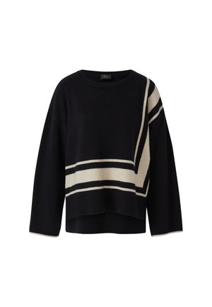 Schwarzer Strickpullover mit einem cremefarbenen diagonalen Streifenmuster, Rundhalsausschnitt und leicht verkürztem Saum. Verfügt über lange Ärmel und Rippdetails.