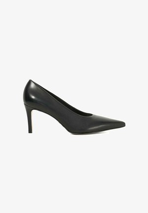 Black leather pointed-toe high heel shoe with a slim mid-height stiletto heel on a white background.