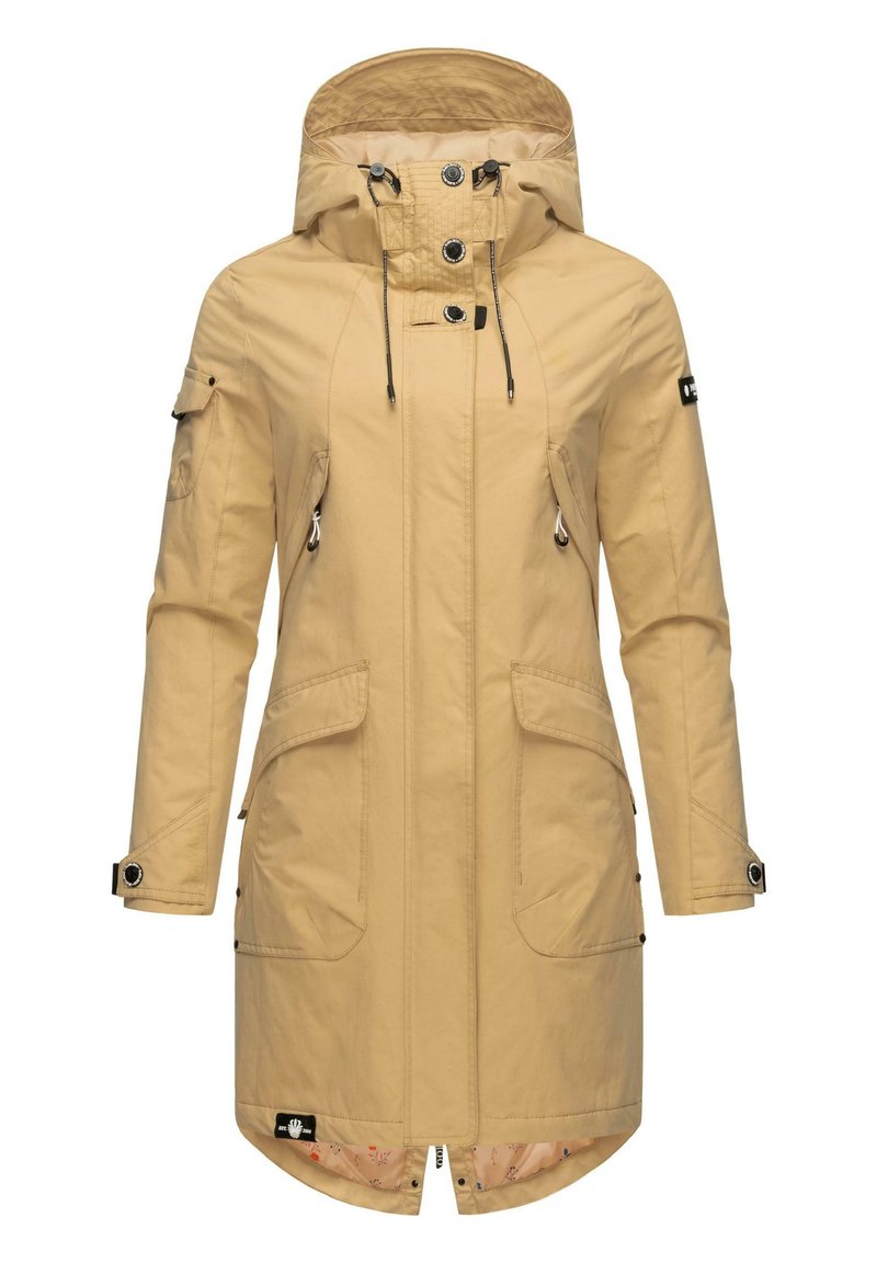Beige parka with a hood, adjustable drawstrings, snap buttons, two front pockets, and a patterned lining. Features a mid-length design.