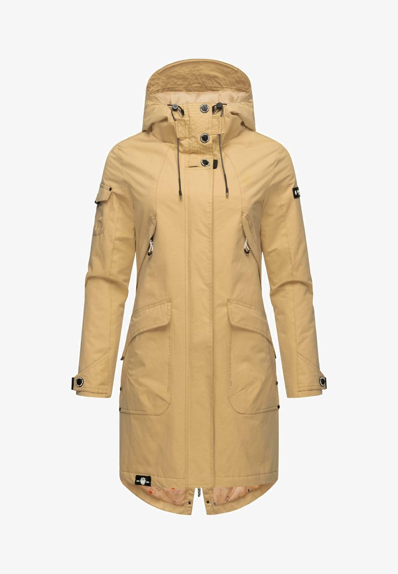 Beige parka met een capuchon, verstelbare trekkoorden, drukknoopjes, twee voorzakken en een bedrukte voering. Heeft een middelmatige lengte.