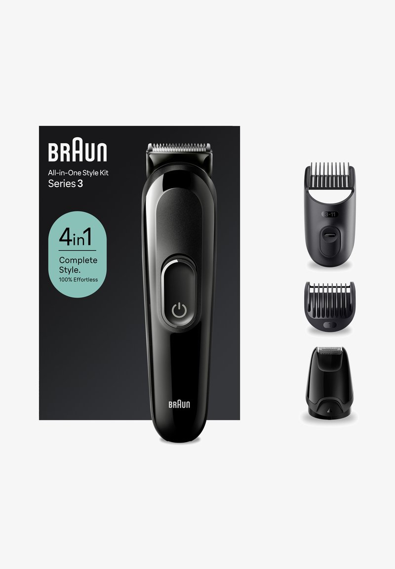 Braun Series 3 schwarzes 4-in-1 All-in-One-Pflege-Set mit Haupttrimmer und drei abnehmbaren Kammaufsätzen für unterschiedliche Haarlängen.
