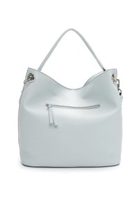 Vaaleansininen nahkainen käsilaukku, jossa on kohokuvioitu pinta, kaareva yläosa ja etupuolella vetoketjutasku. Varustettu hopeanvärisillä metalliosilla ja yhdellä kahvalla.