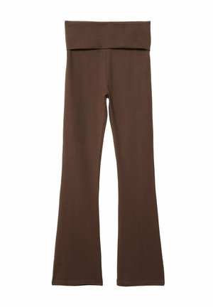Leggings marroni a zampa d'elefante con una vita ampia e morbida. Realizzati in un tessuto elasticizzato con una superficie liscia e senza motivi o dettagli visibili.