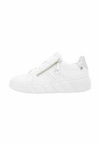 White sneaker with a textured rubber sole, featuring a side zipper, perforated accents, and a shiny silver heel tab.