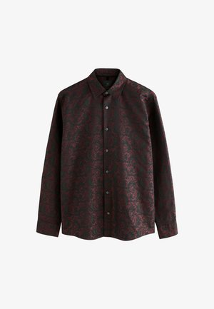 Long-sleeve shirt in dark red and black floral pattern, made of woven fabric, features a pointed collar and front button closure.