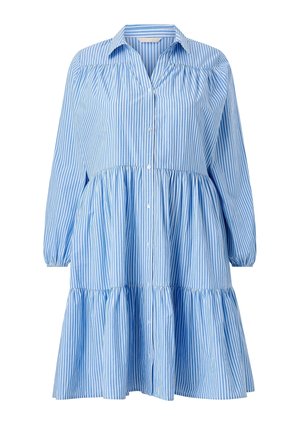 Blauw-wit gestreepte jurk met lange mouwen, verticale strepen, knoopsluiting aan de voorkant, gelaagde rok en kraag.