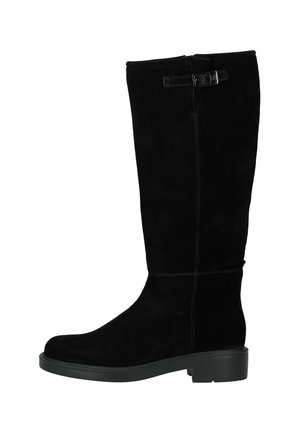 Black suede knee-high boot with a rounded toe, side zipper, and decorative buckle detail at the top. Thick black sole provides stability.