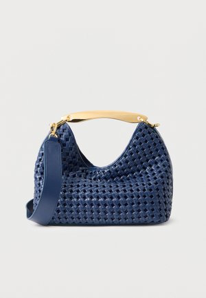 Blue woven leather handbag with gold curved top handle and wide detachable shoulder strap against a plain background.