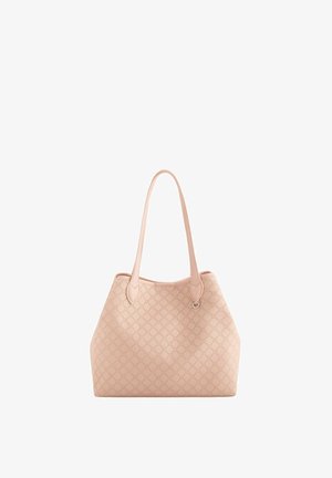 Borsa tote rosa chiaro con motivo esagonale testurizzato. Materiale morbido, forma strutturata e due manici lunghi con un dettaglio argentato.