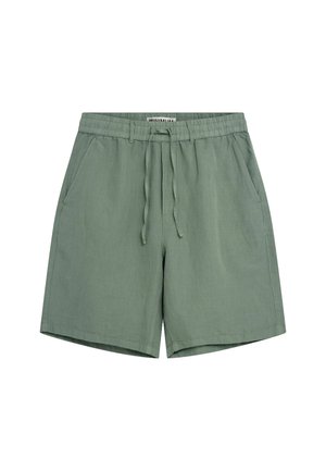 Green linen shorts with elastic waistband, drawstring closure, and two side pockets. Smooth texture and straight cut.
