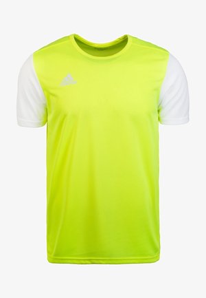 Lyhythihainen urheilupaita neonkeltaisella edessä ja valkoisilla hihoilla, jossa pieni Adidas-logo rinnan ylävasemmalla puolella.