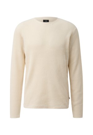 Langärmliger, cremefarbener Strickpullover mit strukturiertem Waffelmuster und rundem Ausschnitt, dargestellt auf weißem Hintergrund.