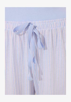 Lyseblå pyjamasbukser med et lodret stribet mønster i pastelfarver. Har en blød, elastisk taljehæk og et bundet bånd-detalje.
