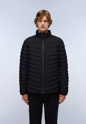 Black quilted puffer jacket with a high collar and front zipper, featuring chevron patterns and padded texture for insulation.