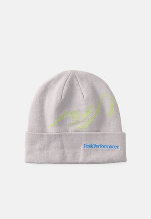 Gray knit beanie with a folded cuff, featuring a subtle green mountain graphic and blue "PeakPerformance" logo on the cuff.