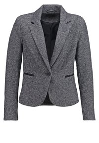 Grijze gestructureerde blazer met een notch-kraag, enkele knoopsluiting, twee voorzakken en contrasterende zwarte voering. Getailleerde pasvorm.