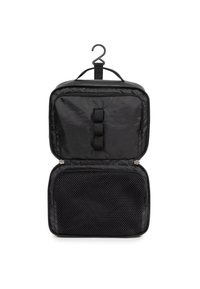 Borsa organizer nera in nylon con gancio per appendere, dotata di un comparto con cerniera e di una tasca in rete per visibilità e ventilazione.