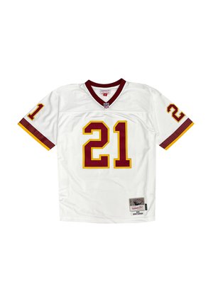 White football jersey with burgundy and yellow number 21 on front and sleeves, NFL logo at collar, and a label near the hem.