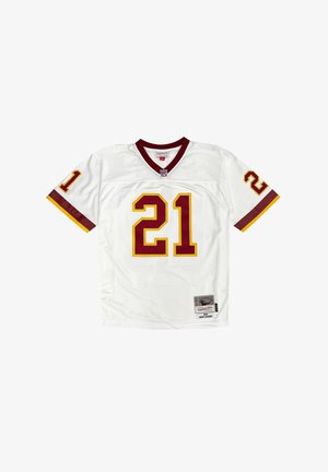 White football jersey with burgundy and yellow number 21 on front and sleeves, NFL logo at collar, and a label near the hem.
