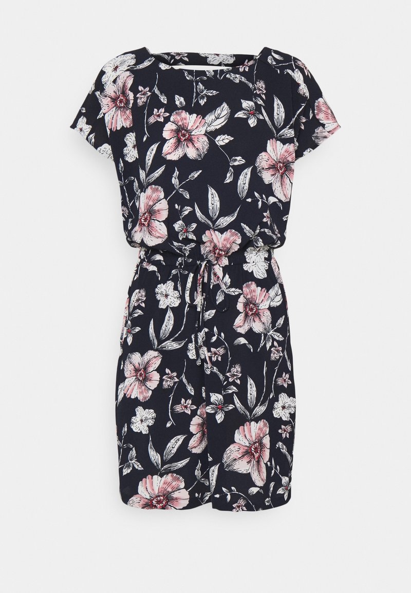 Robe fleurie avec un fond bleu marine, des fleurs roses et blanches, des manches courtes, un col rond et une taille ajustable avec un cordon de serrage.