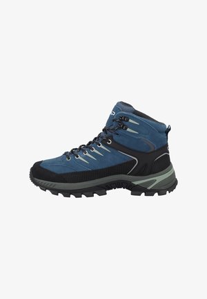 Blue and black hiking boot with high ankle support, thick rugged sole, lace-up front, and pull tab at the heel for outdoor activities.