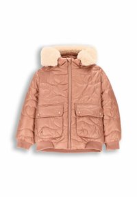 Puchowa kurtka w miękkim odcieniu pudrowego różu z puszystym, kremowym kapturem z sztucznego futra. Posiada wzór wytłaczanych serc, zamek błyskawiczny oraz przednie kieszenie.