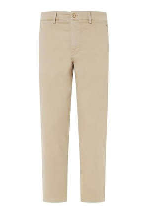 Beige Chinos mit glatter Baumwolloberfläche, geradem Schnitt, Reißverschluss und einer einzigen Knopfverschlus. Sie verfügen über zwei Fronttaschen und Gürtelschlaufen.