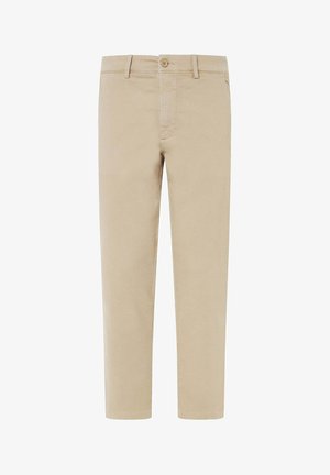 Beige Chinos mit glatter Baumwolloberfläche, geradem Schnitt, Reißverschluss und einer einzigen Knopfverschlus. Sie verfügen über zwei Fronttaschen und Gürtelschlaufen.