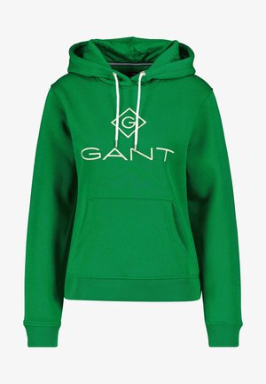 Green cotton hoodie featuring a front kangaroo pocket, adjustable drawstring hood, and embroidered GANT logo in cream.