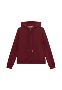Sudadera con capucha burdeos, hecha de una tela suave, que cuenta con una cremallera completa, bolsillos tipo canguro y puños acanalados con un sutil detalle de logo.