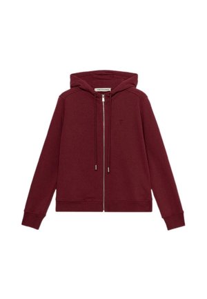 Felpa con cappuccio color borgogna realizzata in tessuto morbido, dotata di zip completa, tasche a marsupio e polsini a costine con un discreto dettaglio del logo.