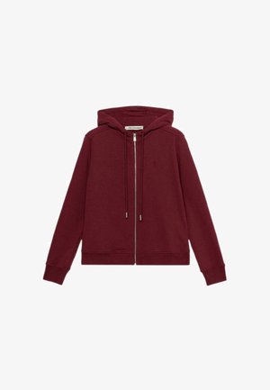 Sudadera con capucha burdeos, hecha de una tela suave, que cuenta con una cremallera completa, bolsillos tipo canguro y puños acanalados con un sutil detalle de logo.