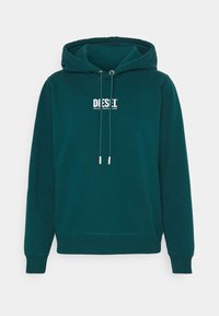 Turkusowa bawełniana bluza z kapturem z kieszenią kangurką z przodu, regulowanym kapturem na sznurki oraz białym nadrukiem logo na piersi. Miękka tekstura i ściągacze przy mankietach.