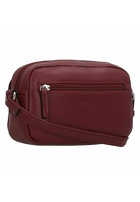 Rote Leder-Crossbody-Tasche in rechteckiger Form, mit Reißverschluss oben, einer Reißverschlussvordertasche und verstellbarem Schulterriemen. Verfügt über dezente Markenkennzeichnung.