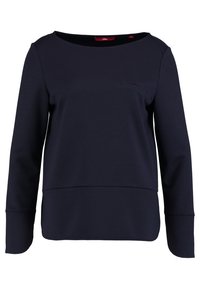 Tmavě modrá mikina s kulatým výstřihem, dlouhými rukávy, prošitým lemem a malou kapsou vpředu, vyrobená z měkké, texturované látky.