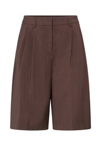 Short marron coupé à la longueur du genou, cintré, avec passants de ceinture, plis sur le devant et fermeture avant cachée.