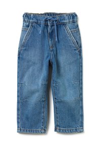 Pantalones de mezclilla en azul claro, con cintura elástica y cordón ajustable, dos bolsillos frontales y detalle de costura en las piernas.